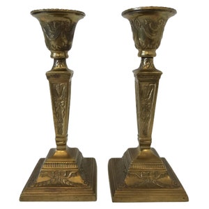 1950s Hollywood Regency Brass Repousse Large Decorative Taper Candle Holders (set of 2)