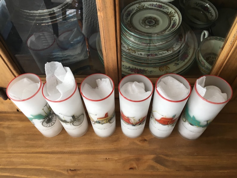 BARWARE 1950s MCM Libbey Antique Cars Frosted Tom Collins Barware