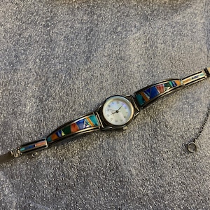 1980s Signed EARL PLUMBER Multi-Gemstone Sterling Silver Women’s Link Watchband with Mother of Pearl Watch Face