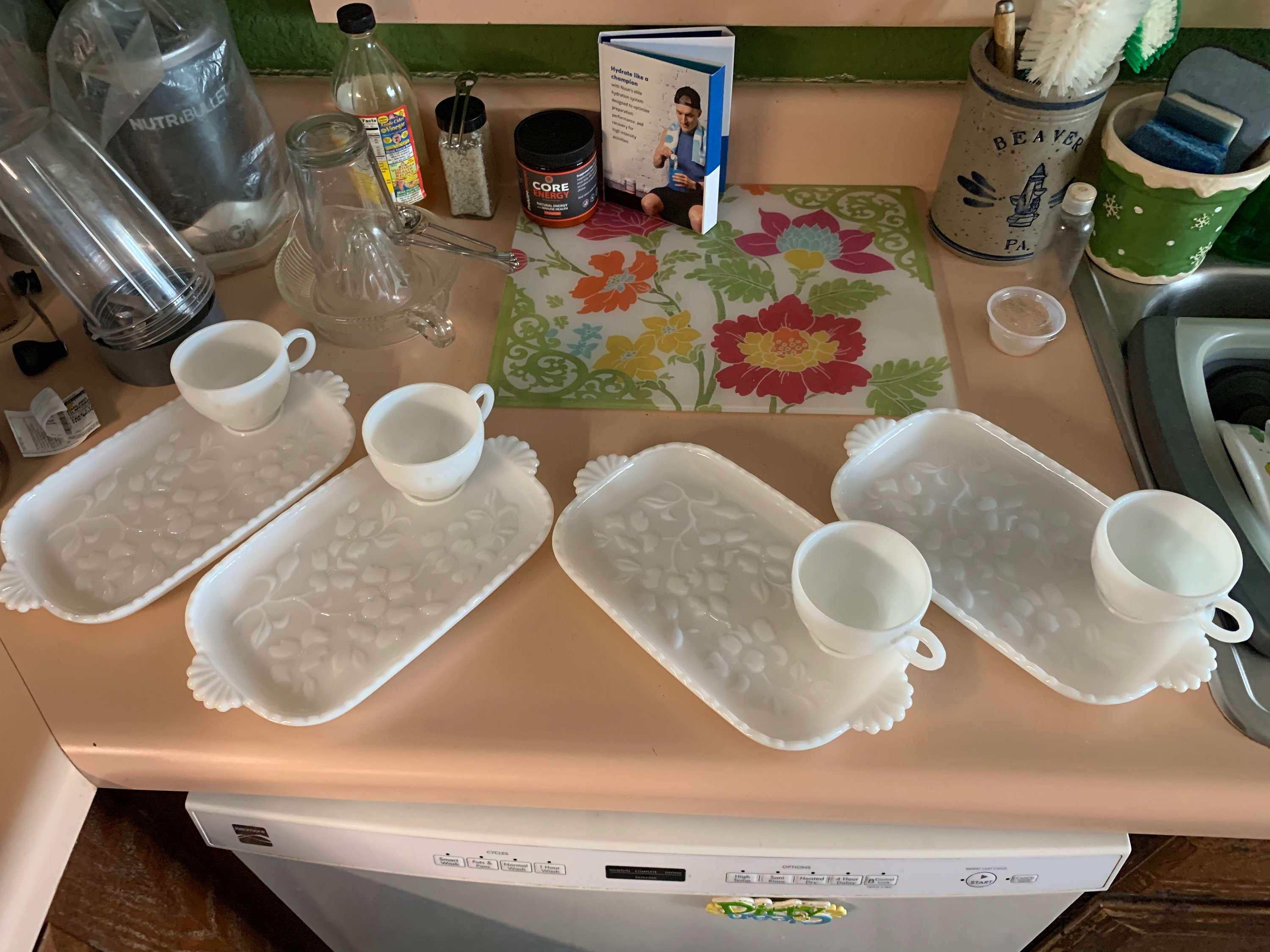 1930s Hazel Atlas Dogwood Milk Glass Snack Sets, Plates, Cups (set