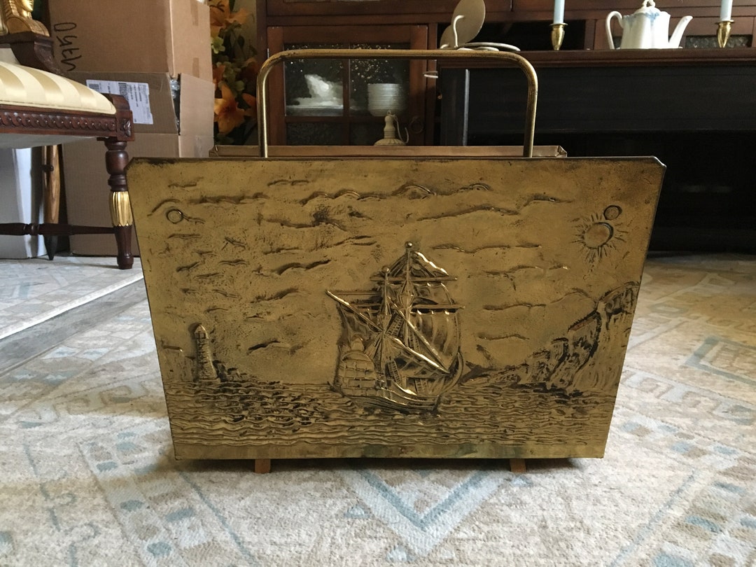 1950s Vintage English Brass Embossed Sailing Boat Detail Magazine Rack ...