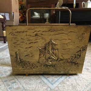 1950s Vintage English Brass Embossed Sailing Boat Detail Magazine Rack
