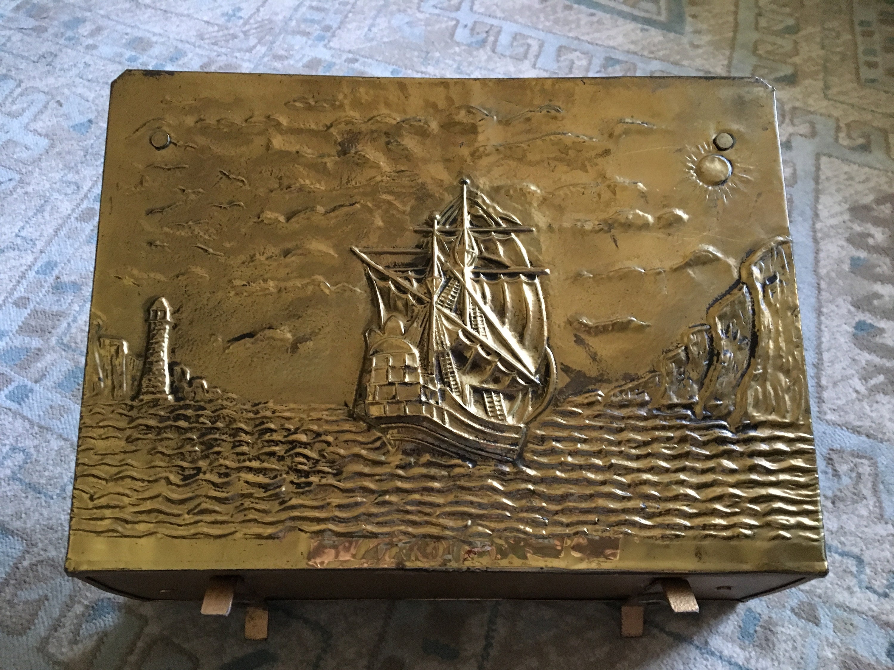 1950s Vintage English Brass Embossed Sailing Boat Detail Magazine Rack ...