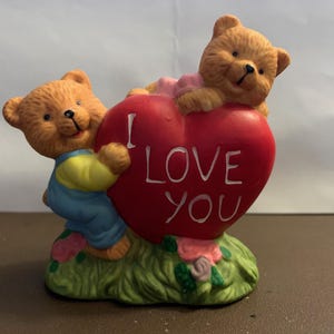 1980s Vintage Bears &quot;I Love You&quot; Heart with Little Boy & Little Girl Teddy Bears Figurine