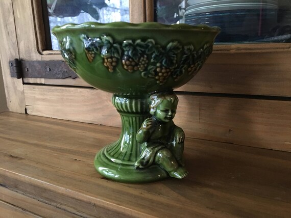 1950s Lefton China #5314 Green Cherub /& Grapes Pedestal Candy Bowl