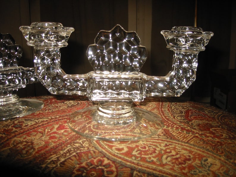 pair 1940s Fostoria American #2056 Crystal Double Flat Foot Candlestick