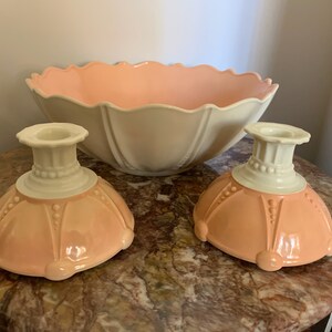1930s Anchor Hocking Oyster & Pearl White with Pink Bowl and matching Candlesticks