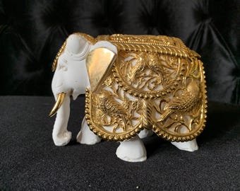 1970s White Carved Plaster with Full Gold Metal Dress Carved Elephant Figurine