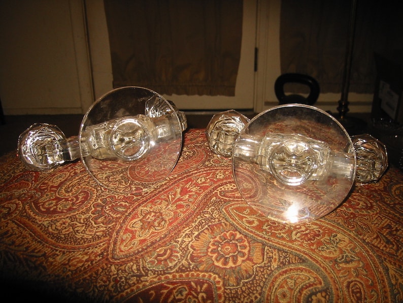pair 1940s Fostoria American #2056 Crystal Double Flat Foot Candlestick