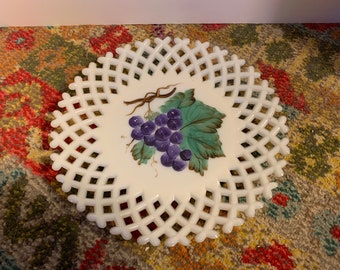 Antique 1880s EAPG Challinor, Taylor & Company Lattice Edge Painted Grape Cluster Milk Glass 10” Sandwich Plate