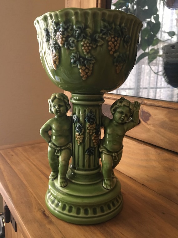1950s Lefton China #5314 Green Cherub /& Grapes Pedestal Candy Bowl