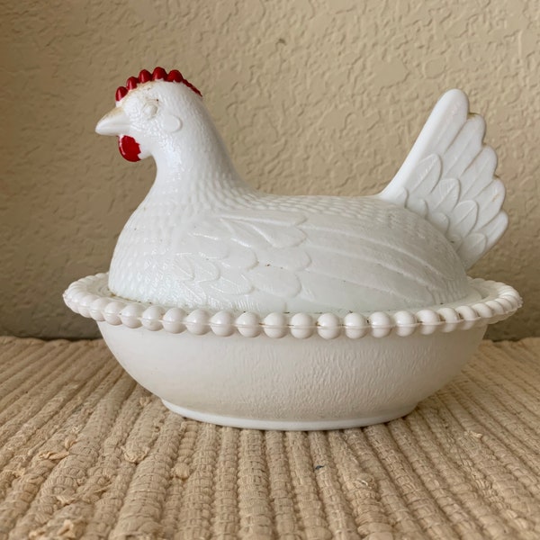 1930s Indiana Milk Glass Hen on Nest with Painted Red Comb Lidded Dish – Candy, Trinkets, etc.