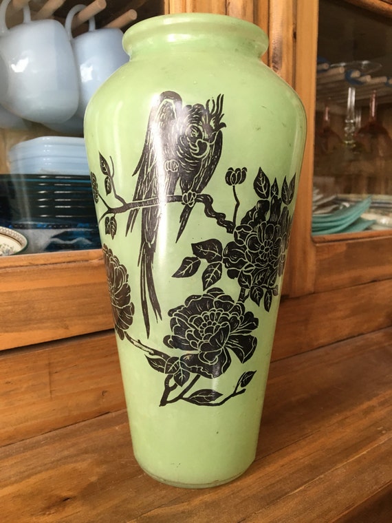 Mid Century American Art Deco Style Green Painted Glass With Etsy