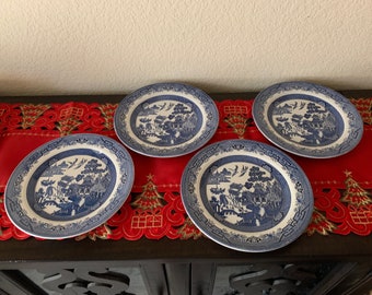 1980s Churchill, England Willow Blue (Georgian Shape) Dinner Plates (lot of 4)