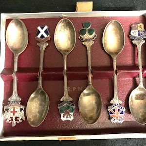 1960s Squire EPNS British Isles – London, Scotland, Wales, etc. - Souvenir Silver-plated & Enameled Coffee Spoons (set of 6)