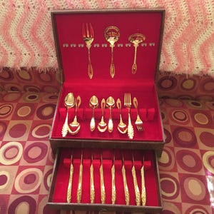 1965 Lifetime (Japan) Rose Flourish Gold Electroplate Stainless Flatware Set w/Storage Chest (Service for 6 + extras; 44 pcs)