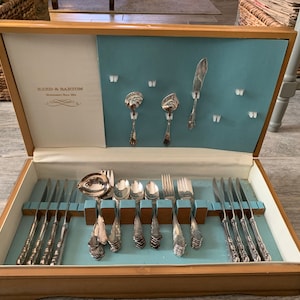 1953 Vintage Mid Century Modern Reed & Barton Dresden Rose Silver-plate Flatware with Oak Storage Chest (Service for 8; 56 pcs)