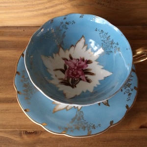 1960s Royal Sealy China Japan Blue Pink Floral Motif Fine Porcelain Tea Cup Set