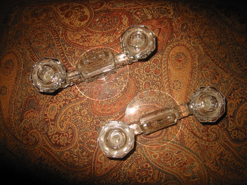pair 1940s Fostoria American #2056 Crystal Double Flat Foot Candlestick