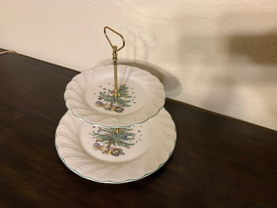 1980s Nikko China Happy Holidays Pattern 2-tiered Christmas Tree