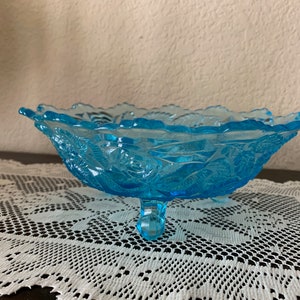 1940s LG Wright Glass Wild Rose Madonna Blue 3-Toed Footed Fruit or Serving Bowl