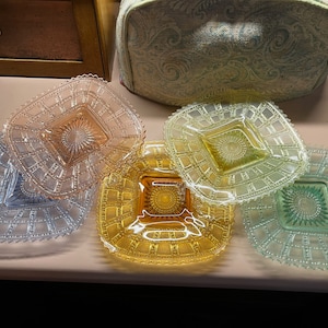 Antique 1920s Imperial Glass Beaded Block Line #710 Colored (pink, orange, yellow, green) Luncheon Plates (set of 4 OR set of 8)