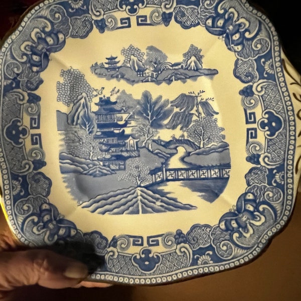 1920s Royal Adderley Pattern #H129 Blue Willow Design Porcelain Scallop-Edge Handled Cake Plate