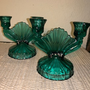 1937 Jeannette Glass Swirl Ultramarine (Blue Green) Double Light Candlesticks (set of 2)