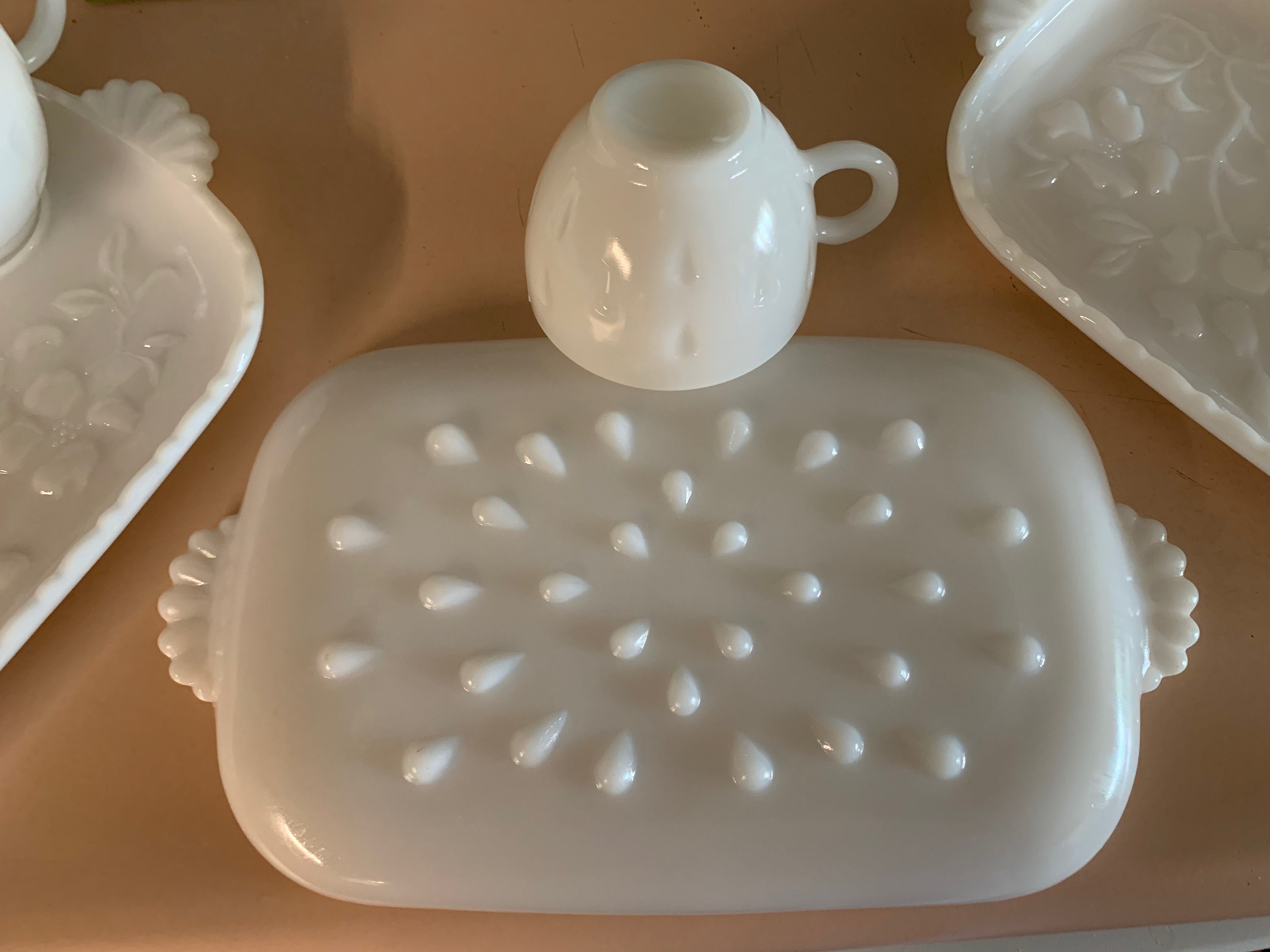 1930s Hazel Atlas Dogwood Milk Glass Snack Sets, Plates, Cups (set