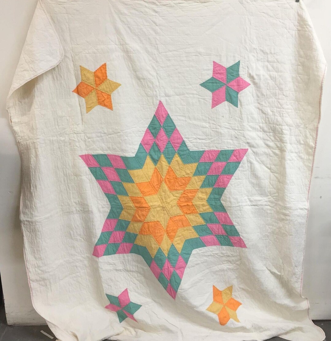 1970s FULL Union Star Pattern Quilt, Yellow, Orange, Pink & Green on ...
