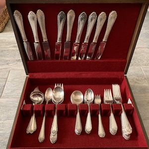 1936 Art Deco Reed & Barton Old London Silver-plate Flatware with Mahogany Storage Chest (Service for 8; 73 pcs - newly added pcs)