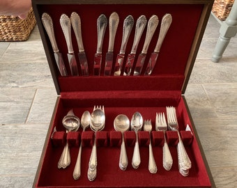 1936 Art Deco Reed & Barton Old London Silver-plate Flatware with Mahogany Storage Chest (Service for 8; 73 pcs - newly added pcs)