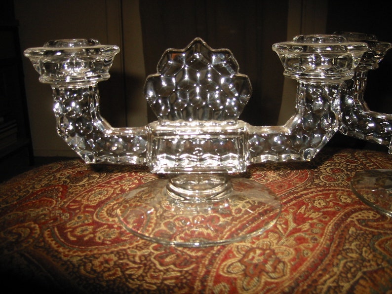 pair 1940s Fostoria American #2056 Crystal Double Flat Foot Candlestick