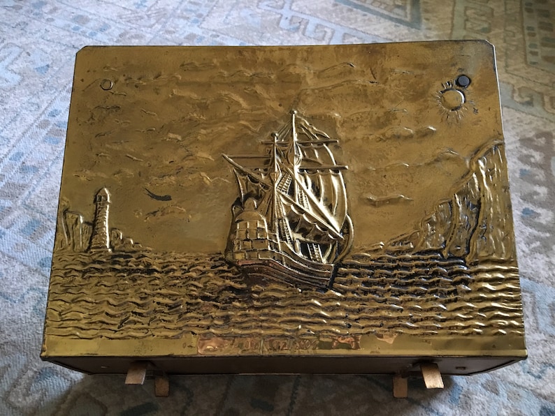 1950s Vintage English Brass Embossed Sailing Boat Detail Magazine Rack ...