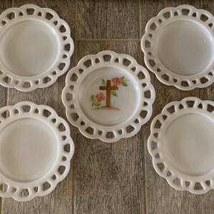 1950s Hazel Atlas Lace Edge Milk Glass 8” Salad or Dessert Plates (set of 5)