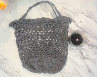 Crocheted Gray Market Bag, Handmade Reusable Grocery Tote