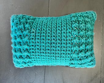 Crocheted Teal Accent Pillow, Small Throw Pillow