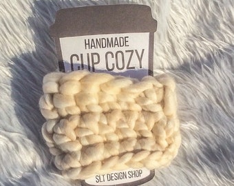 Oatmeal Crochet Coffee Cozy, Chunky Yarn Reusable Cup Sleeve