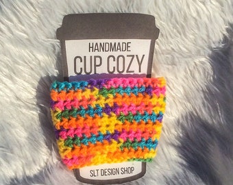 Neon Rainbow Crochet Coffee Cozy, Reusable To-Go Cup Sleeve