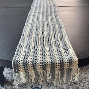 Farmhouse Style Table Runner, Crocheted Table Runner, Grey and White Table Runner