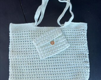 Hand Crocheted Light Blue Market Bag and Wallet Set