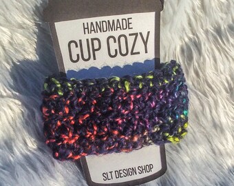 Northern Lights Crochet Coffee Cozy, Neon Blue