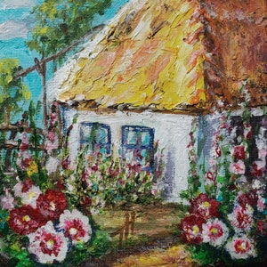 Casa de pueblo. Mini lienzo pintado originalmente. Pintura acrílica impasto de colores brillantes. Malvarrosa, malva, flores. Amarillo, azul, rojo. Hatka.