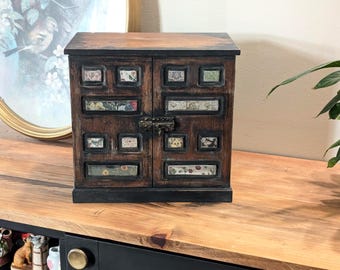 Vintage Wooden Rustic Cabinet Jewelry Box Floral Drawers Organized Farmhouse Storage Chest