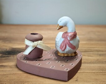 Vintage 1980s candle holder goose on heart pencil holder desk decor tea light duck