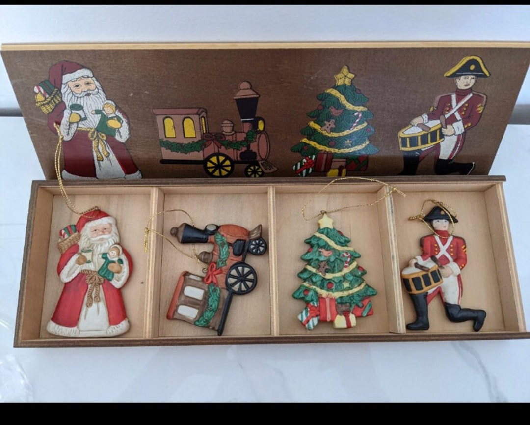 Vintage Ceramic Christmas Ornaments Santa Soldier Train Tree in Wooden