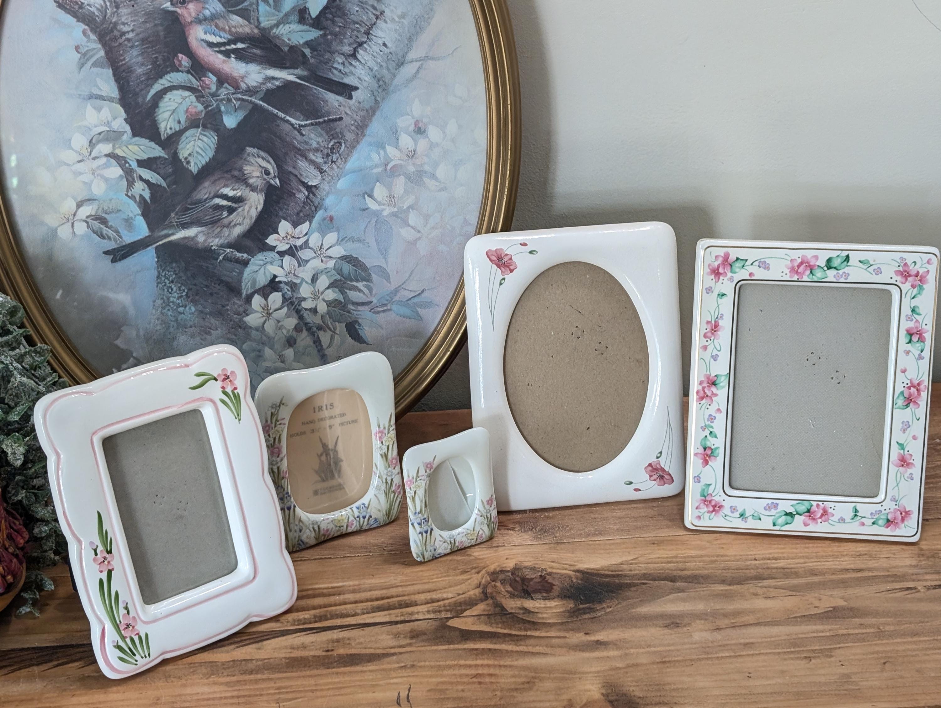 Vintage 90s Ceramic Picture Frame Hand Painted Flowers Porclalain