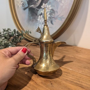 Vintage Etched Brass Pitcher: Gold Flower Vase, 6&quot; Tall