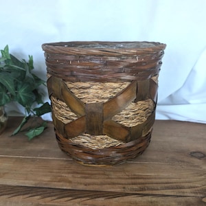 Vintage Woven Wicker Basket | Boho Rattan Wastepaper Bin | Round Storage Basket Planter