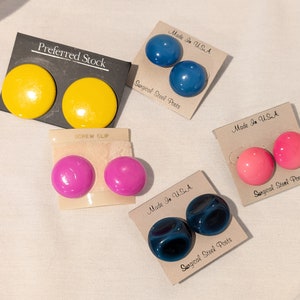 Vintage 90s Plastic Button Earrings Lot: Multicolor Stud & Clip-On, Made In USA